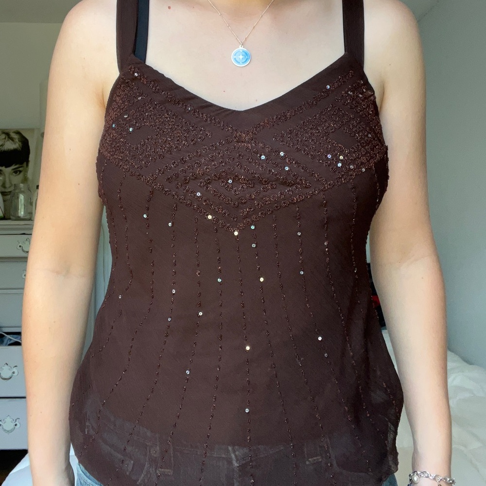 Dark Brown Embellished Sparkle Flowy Tank Top